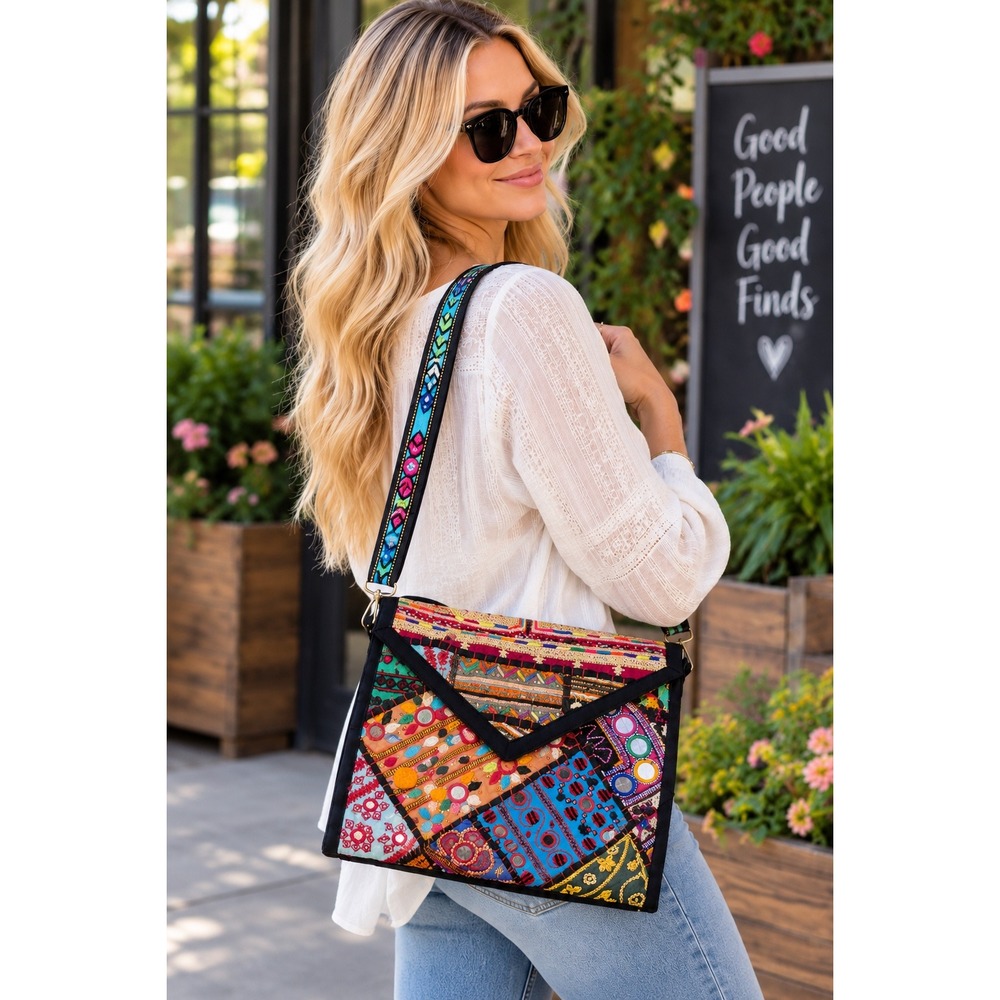 Boho Kantha Patchwork Crossbody Bag Mirror Work Embroidered Messenger Bag
